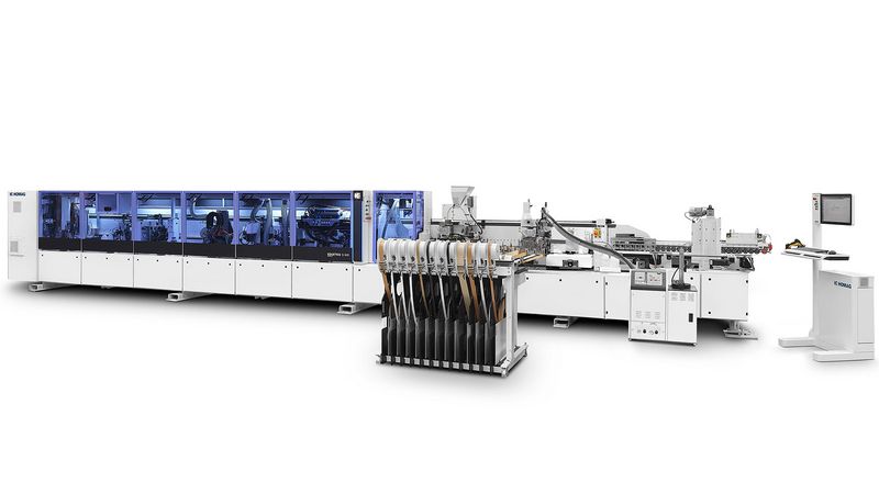 封邊機 EDGETEQ S-500 profiLine 在工件封邊過程中發揮其強項，自動化系統則在 LIGNA 展會上保證在適當的時刻提供用于封邊的正確材料。